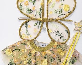 Kids Fairy Wings Set –Floral Lace Butterfly Wings, Dress-Up, Flower Girl, or Photo Shoot, Fairy Costume, Birthday Outfit