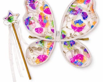Fairy Wings & Wand Set for Girls, Embroidered Lace Butterfly Costume