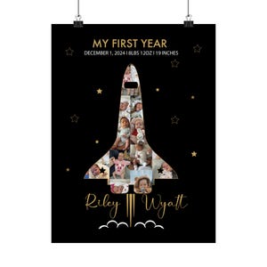 Póster de bebé cohete espacial, póster personalizado de primer año, póster de hitos del bebé, collage de fotos del cumpleaños número 1, collage de fotos espacial personalizado