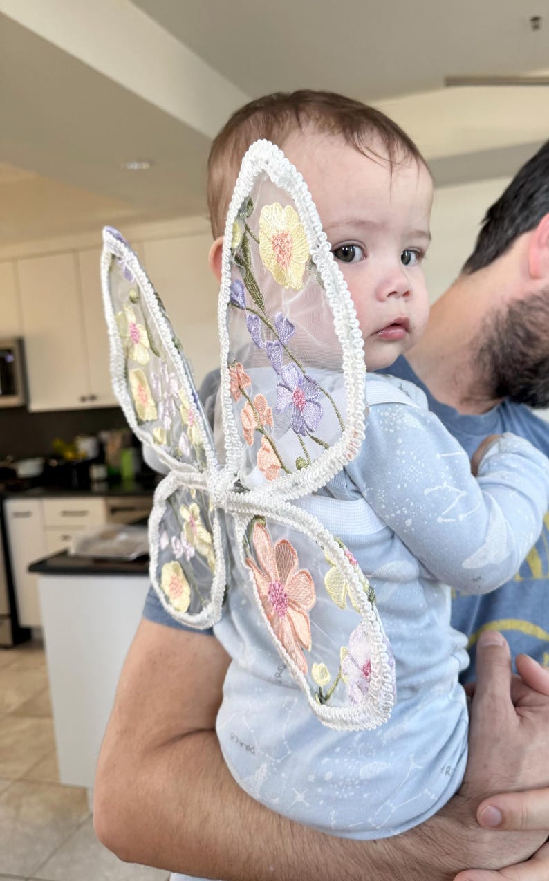 May include: A baby wearing light blue pajamas and a pair of sheer butterfly wings. The wings are white with embroidered flowers in shades of pink, yellow, and purple. The baby is being held by an adult.