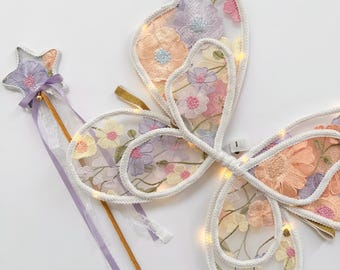 LED Fairy Wings and Wands– Embroidered Lace Butterfly Wings, Light-up Costume for Girls, Flower Girl, Dress-Up Play, Birthday Outfits