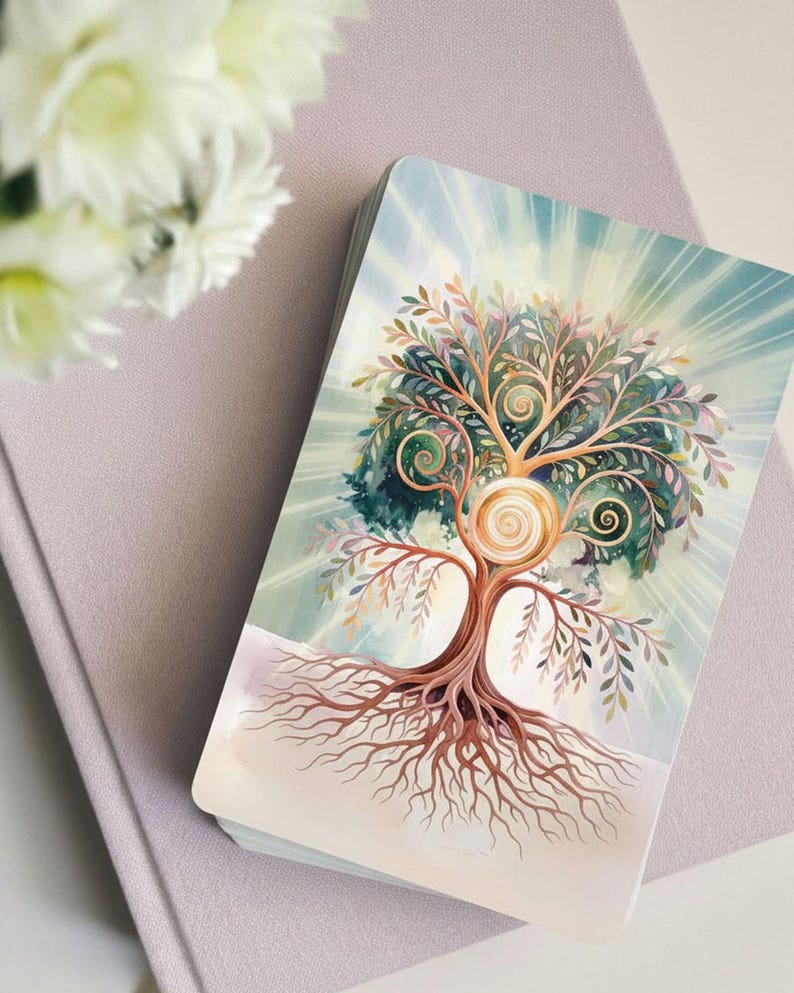 May include: A deck of oracle cards featuring a colorful illustration of a tree with roots, branches, and leaves. The tree has a spiral design in the center and is set against a light blue background with radiating light.