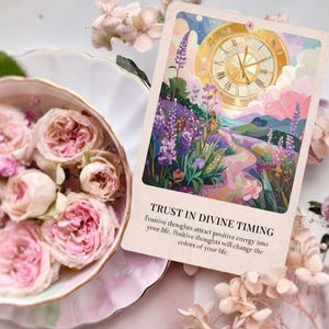 Può includere: Una carta oracolare con il testo "TRUST IN DIVINE TIMING" e un'illustrazione colorata di un orologio, fiori e un sentiero. Rose rosa in un piatto decorativo e fiori delicati circondano la carta, creando un'estetica morbida e femminile.