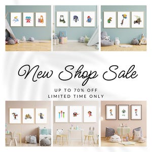 May include: A collection of colorful cartoon character prints in white frames, displayed in a nursery setting. The prints feature characters like a mermaid, a cat, a dog, a dinosaur, and a rocket. The text "New Shop Sale Up to 70% Off Limited Time Only" is displayed in the center of the image.