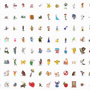 May include: A colorful grid of 64 cartoon character illustrations. The characters include popular cartoon characters such as Mickey Mouse, Winnie the Pooh, Snoopy, and many more.