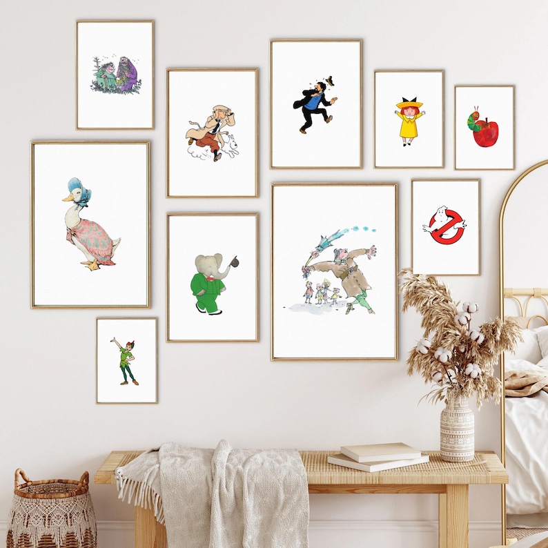 May include: A collection of 10 framed illustrations featuring various characters and scenes. The illustrations include a duck, an elephant, a ghost, a caterpillar, a girl in a yellow dress, a man in a brown coat, and a man in a green suit.