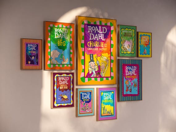 Roald Dahl Inspired Story Cover Prints | 12 Colourful Pencil Illustration Posters | Vintage Children’s Book Wall Art | Printable Gallery Set