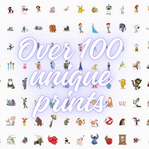 May include: A grid of over 100 unique cartoon character prints. The prints feature a variety of characters, including animals, people, and fictional creatures. The text "Over 100 unique prints" is written in large, purple letters in the center of the image.