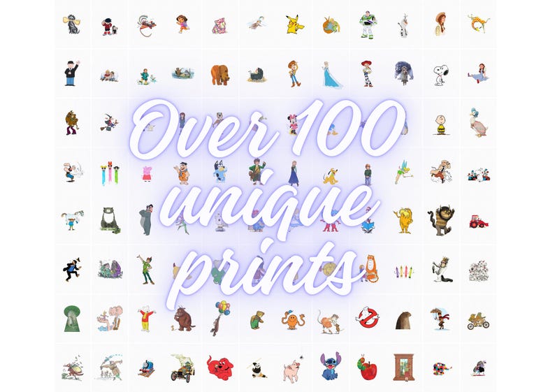 May include: A grid of over 100 unique cartoon character prints. The prints feature a variety of characters, including animals, people, and fictional creatures. The text "Over 100 unique prints" is written in large, purple letters in the center of the image.
