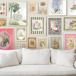 Galería de pared con descarga digital inspirada en Beatrix Potter. 65 láminas vintage para guardería, arte de Peter Rabbit, decoración imprimible de Pascua.