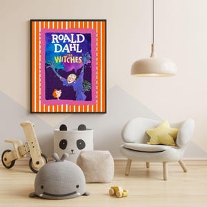 May include: Framed poster of Roald Dahl's "The Witches" book cover. The artwork features a purple and blue background with a witch character and the book title in white. The frame has orange and white vertical stripes.