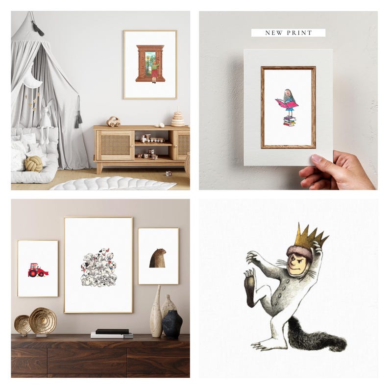 May include: A set of four framed illustrations featuring a red truck, a group of white animals, a brown animal, and a girl reading a book. The illustrations are framed in white and have a white mat. The illustrations are displayed on a wall with a wooden shelf below.