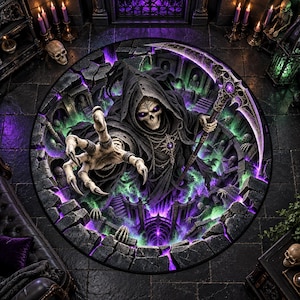 Dywan Grim Reaper Portal z fioletowymi płomieniami i szkieletowymi dłońmi oraz gotyckim cmentarzem