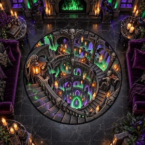 Gothic Haunted Castle Portal Rug with Skeletons Green Flames and Spiral Staircase