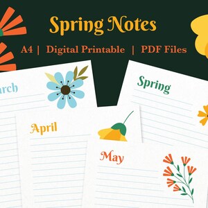 Puede incluir: Páginas de notas de primavera imprimibles con diseños florales. Las páginas están etiquetadas como "Marzo", "Abril", "Mayo" y "Primavera".