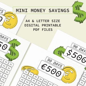 Mini desafío de ahorro de dinero de 90 días, rastreador de ahorro, moneda de 250/500 USD/Euro, alegre, fácil de usar, A3, A4 o más pequeño, ahorro para bajos ingresos