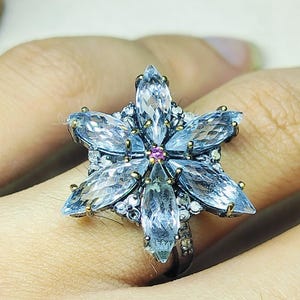 Natural Blue Topaz Ruby Starburst Ring, Pave Diamond 925 Sterling Silver Flower Ring, Victorian Antique Boho Statement Jewelry for Women