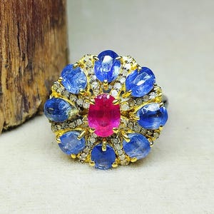 Ring met natuurlijke robijn en blauw kyaniet, 925 sterlingzilver, Pave Diamond Sunburst Cluster, Victoriaanse statementring, cadeau voor haar