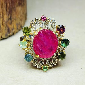 Bague multi pierres précieuses rubis naturel, argent sterling 925, bague victorienne en grappe de diamants pavé, grande déclaration, cadeau unique de pierre de naissance de juillet
