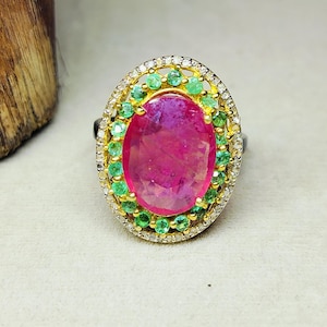 Natural Ruby Emerald Statement Ring, 925 Sterling Silver, Victorian Pave Diamond Style