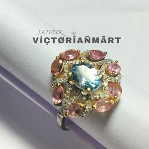 Victorian Blue Topaz & Pink Tourmaline Ring: 925 Sterling Silver Cocktail Jewelry