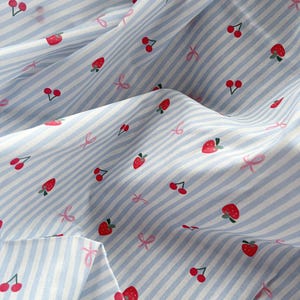 Blue White Stripes Cotton Fabric, Cute Strawberry Cherry Printed Fabric, Bow Fabric, for Baby Dress, Maxi Dress, Summer Clothes, Gown