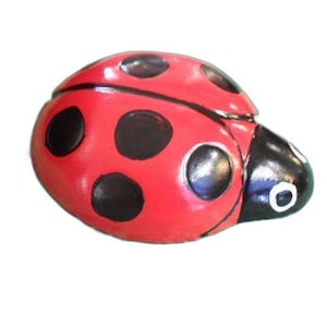 May include: A red ladybug with black spots and a white circle on its head. The ladybug is made of ceramic and has a glossy finish.