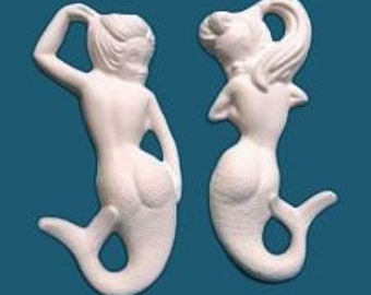 Ready To Paint Plaster, 2 pc Vintage Mermaids, U Paint, DIY Plaster, PlasterCraft, Kids Crafts, Chalkware, Wall Decor, Bathroom Decor