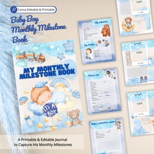 Libro de hitos mensuales para bebés varones / Diario del primer año imprimible y editable / Plantilla Canva + Descarga PDF