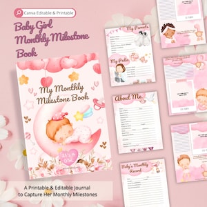 Baby Girl Monthly Milestone Book | Printable & Editable First Year Journal | Baby Memory Book PDF + Canva Template