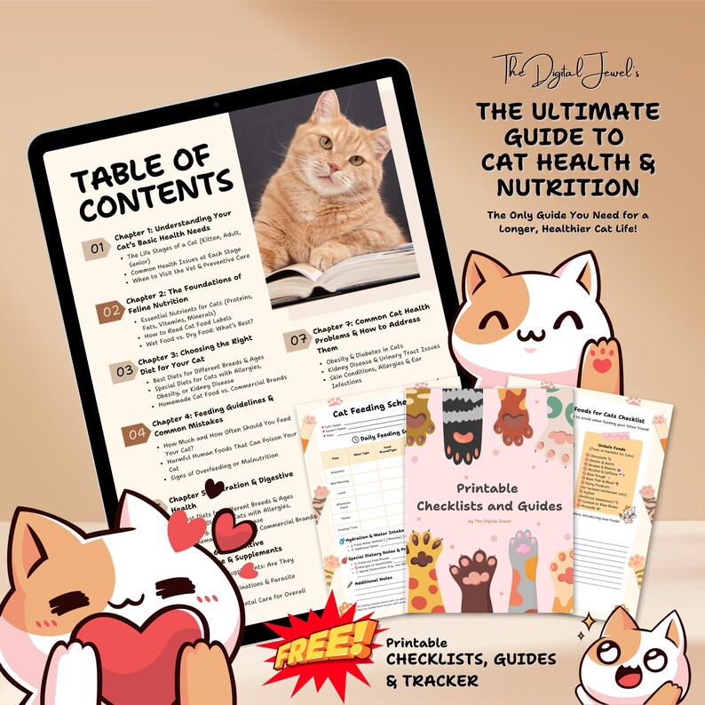 May include: A digital guide to cat health and nutrition with a table of contents, checklists, and a cat feeding schedule. The guide features a cartoon cat with a heart and the text "The Ultimate Guide to Cat Health & Nutrition".