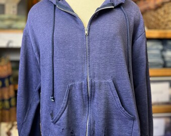 Vintage 70's/80's Distressed Navy Zip Front Hoodie Soft Thin