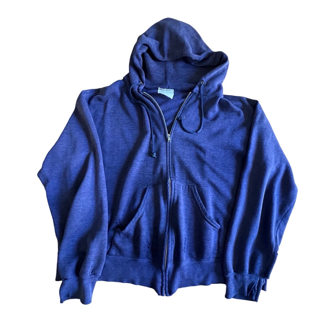トップス 70'S-80'S VINTAGE NAVY FOODIE Vintage 70's/80's Distressed Navy Zip Front Hoodie Soft Thin