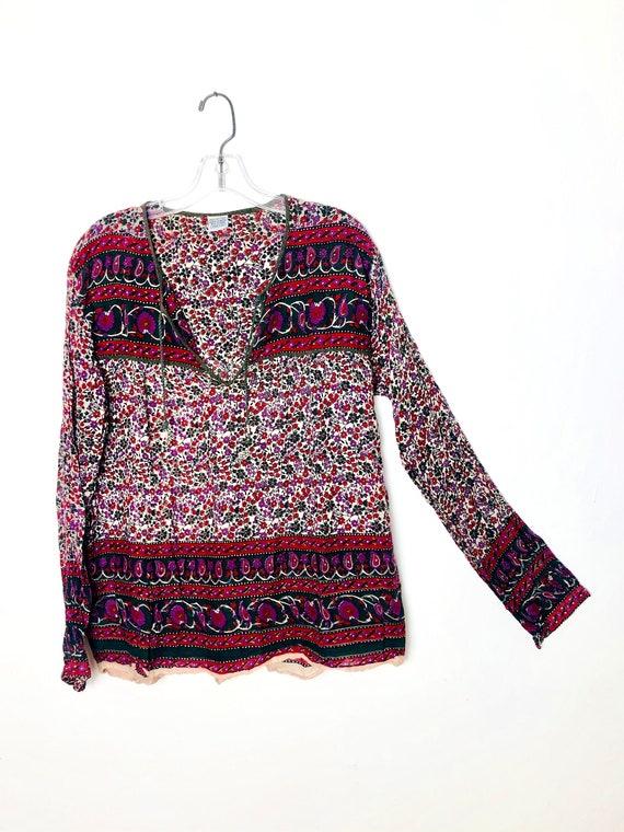 Vintage Bohemian Block Print Cotton Gauze Blouse … - image 1