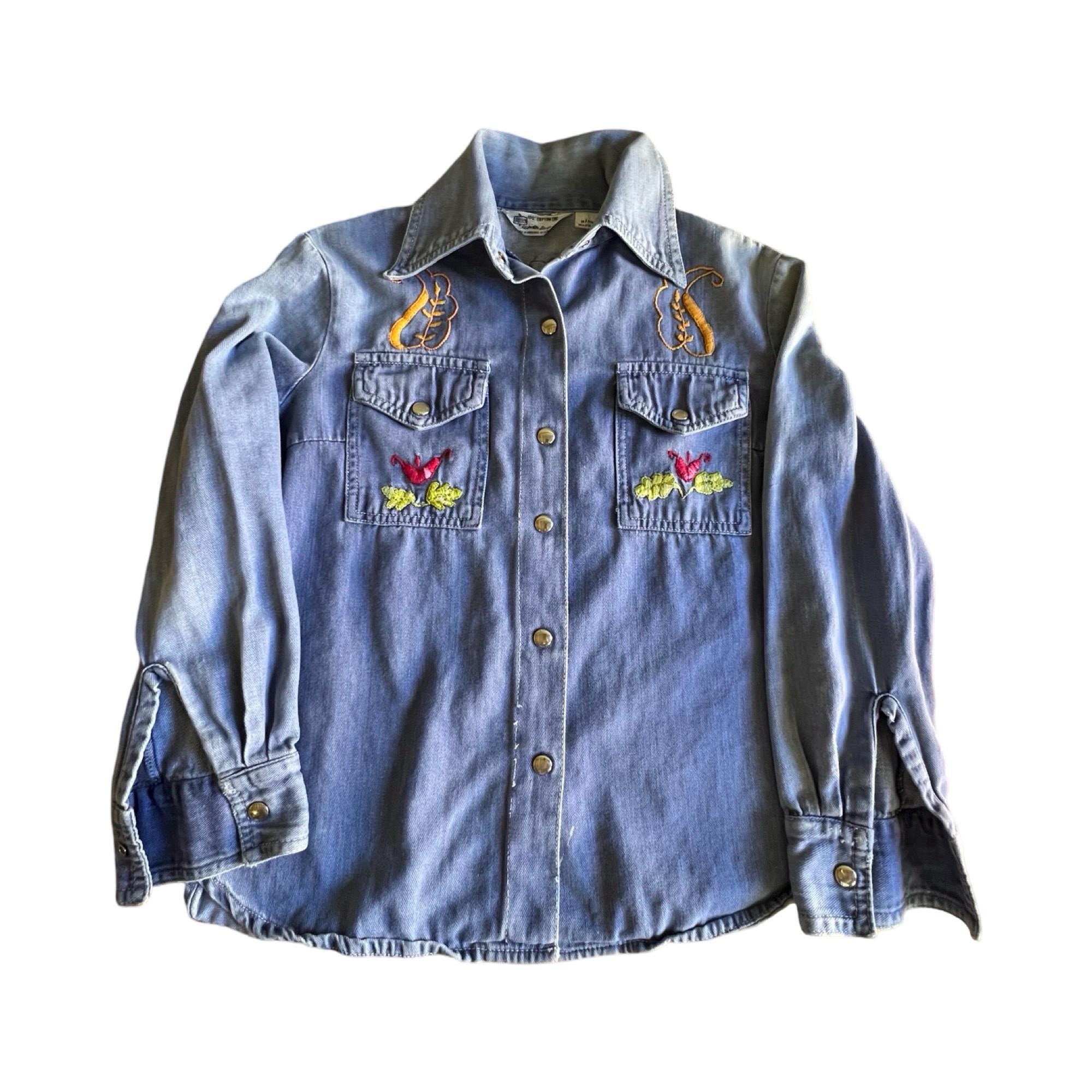 Vintage Rare 70's Kmart Hippie Denim Embroidered Metal Snap Front