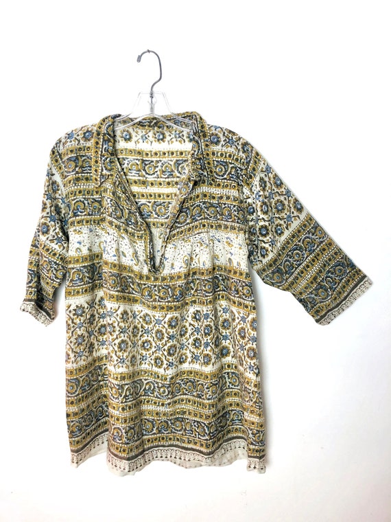 Vintage Bohemian Block Print Cotton Gauze Tunic - image 1