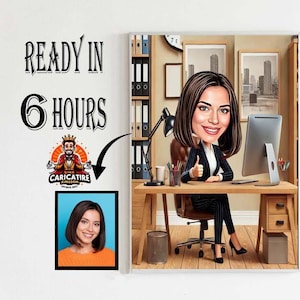 Big Boss Caricature for Woman , Business Woman Caricature, Funny Caricature, Personalized Gift, Mrs. Banker Caricature, Digital Download