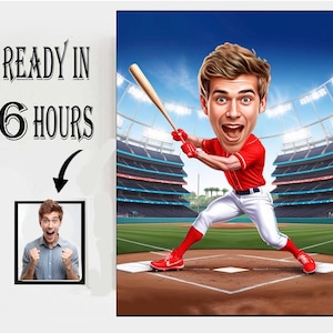 May include: A digital caricature of a baseball player in a red uniform, swinging a bat. The background shows a baseball stadium under a blue sky. The image includes the text "READY IN 6 HOURS" with an arrow pointing to a smaller image of a person.