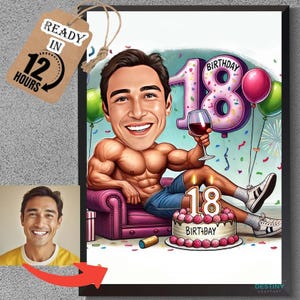 Caricature d'anniversaire de garçon 18e / Faire-part 18e anniversaire / Carte 18e anniversaire / Décoration de gâteau 18e anniversaire / Invitation 18e anniversaire, Gifthim