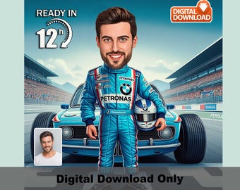 Personalized Racing Car Caricature: Formula 1 Art Birthday Gift