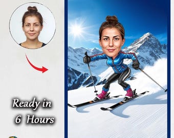 Custom Ski Girl Caricature: Personalized Winter Cartoon Portrait