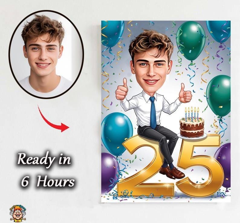 25th Birthday Caricature Gift: Teen Boy Cartoon Portrait (Digital Download