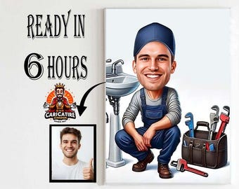 Personalized Plumber Caricature Portrait: Custom Cartoon Drawing