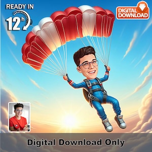 Customized Caricature of Skydiver Photo to Cartoon Portrait Skydiving Caricature Drawing from Photo Skydiver Caricature Birthday Gift