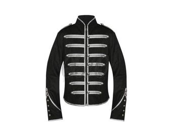 May include: Black military-style jacket with silver-colored trim and buttons. The jacket features a high collar and multiple horizontal silver stripes across the chest. The sleeves have silver button details near the cuffs. A stylish, formal garment.