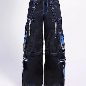 Men&#39;s Punk Rock Black And Blue Skull Studded With Removable Chain Cargo Pant