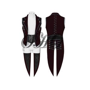 Pode incluir: Um colete sem mangas preto e bordô com uma cauda longa. O colete tem um detalhe decorativo de renda nas costas e um cinto preto com fivela.