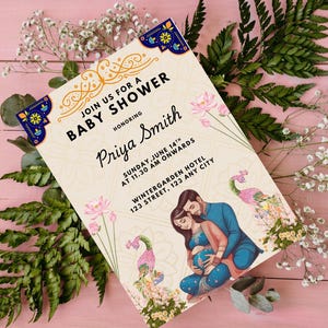 Edytowalne indyjskie zaproszenie na baby shower | Tradycyjna karta na baby shower | Desi Couple Baby Shower Canva Template