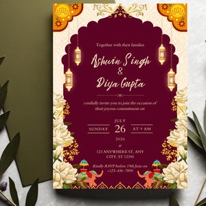 Bewerkbare Indiase bruiloft uitnodigingskaart | Canvassjabloon | Bourgondische bloemen hindoe-huwelijksuitnodiging | Digitale download