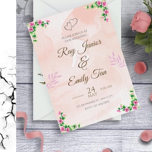Pink floral wedding invitation, Pink rose wedding card,  Editable Blush Pink Wedding Invitation, Flower wedding card, Beige wedding card